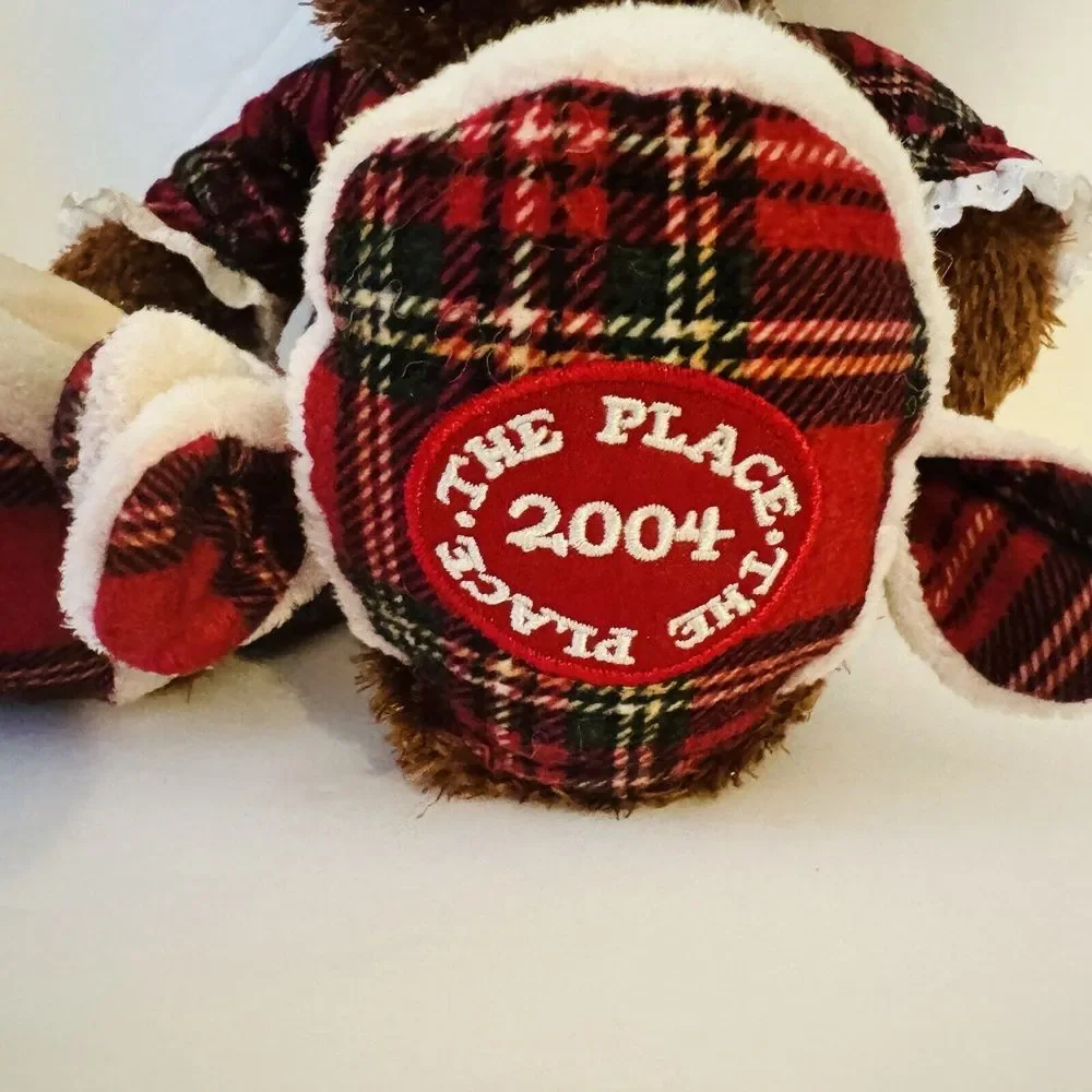 Vtg Y2k 2004 Childrens Place TCP Christmas Girl Teddy Bear Red Plaid Gown Brown